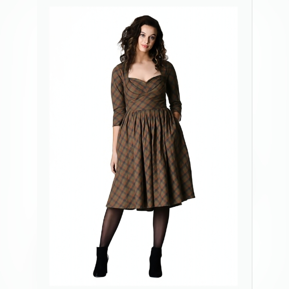 3X/24W eshakti Zapelle Cotton Plaid Bustier style dress brown blue organge - Picture 9 of 9
